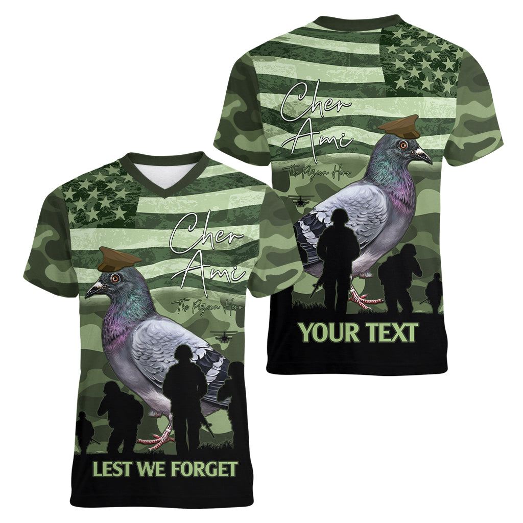 Personalized USA Cher Ami Women V-Neck T-Shirt Lest We Forget Pigeon Hero - Wonder Print Shop