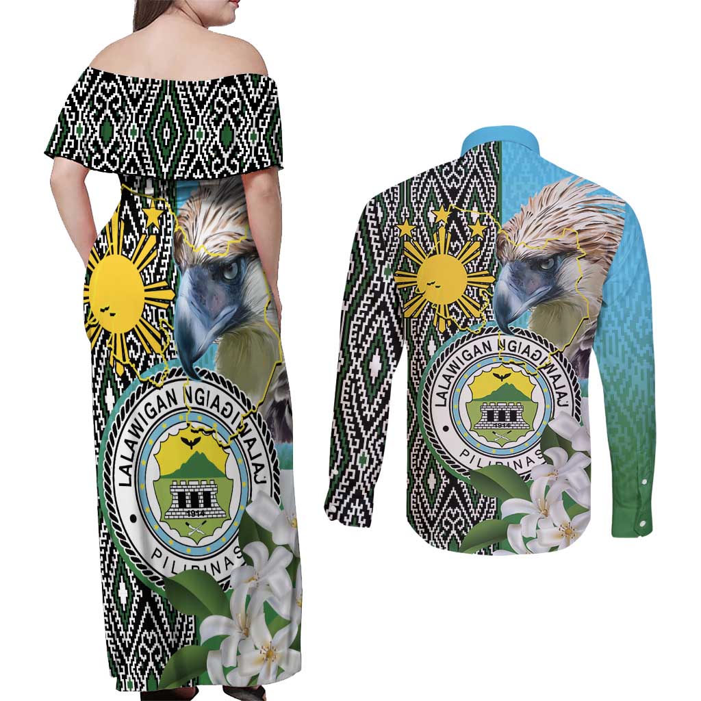 Cotabato Philippines Province Couples Matching Off Shoulder Maxi Dress and Long Sleeve Button Shirt Filipino Eagle Sampaguita Tinalak Pattern
