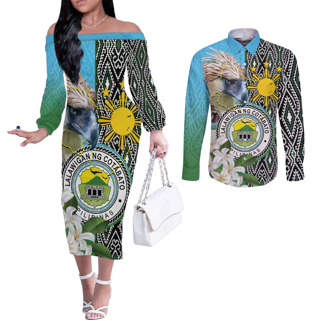 Cotabato Philippines Province Couples Matching Off The Shoulder Long Sleeve Dress and Long Sleeve Button Shirt Filipino Eagle Sampaguita Tinalak Pattern