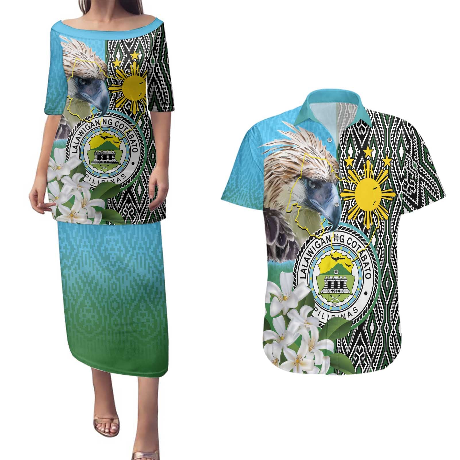 Cotabato Philippines Province Couples Matching Puletasi and Hawaiian Shirt Filipino Eagle Sampaguita Tinalak Pattern