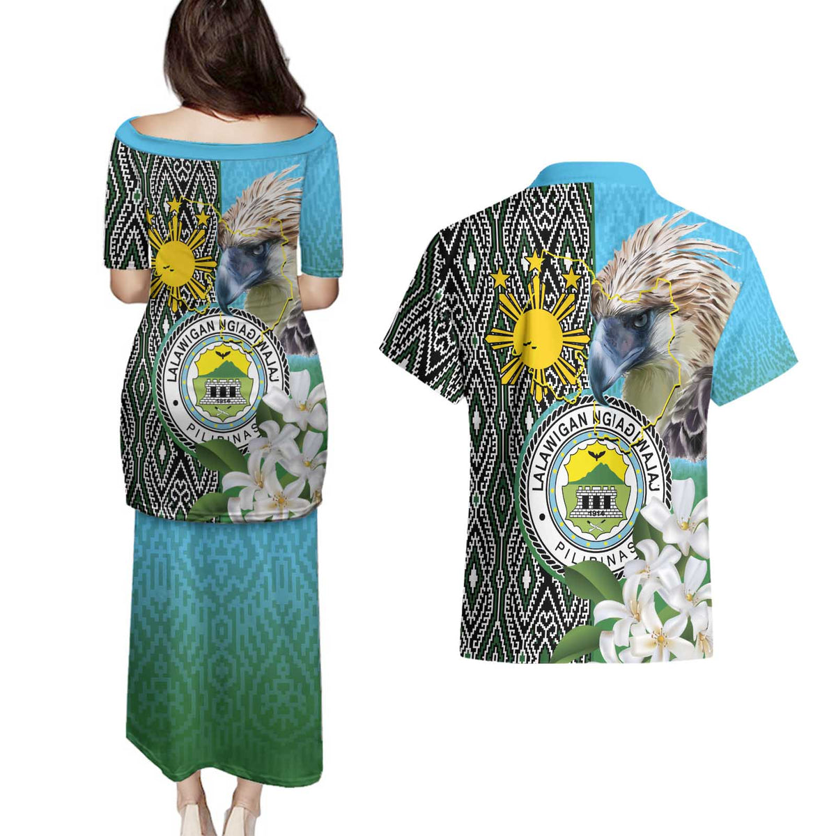 Cotabato Philippines Province Couples Matching Puletasi and Hawaiian Shirt Filipino Eagle Sampaguita Tinalak Pattern