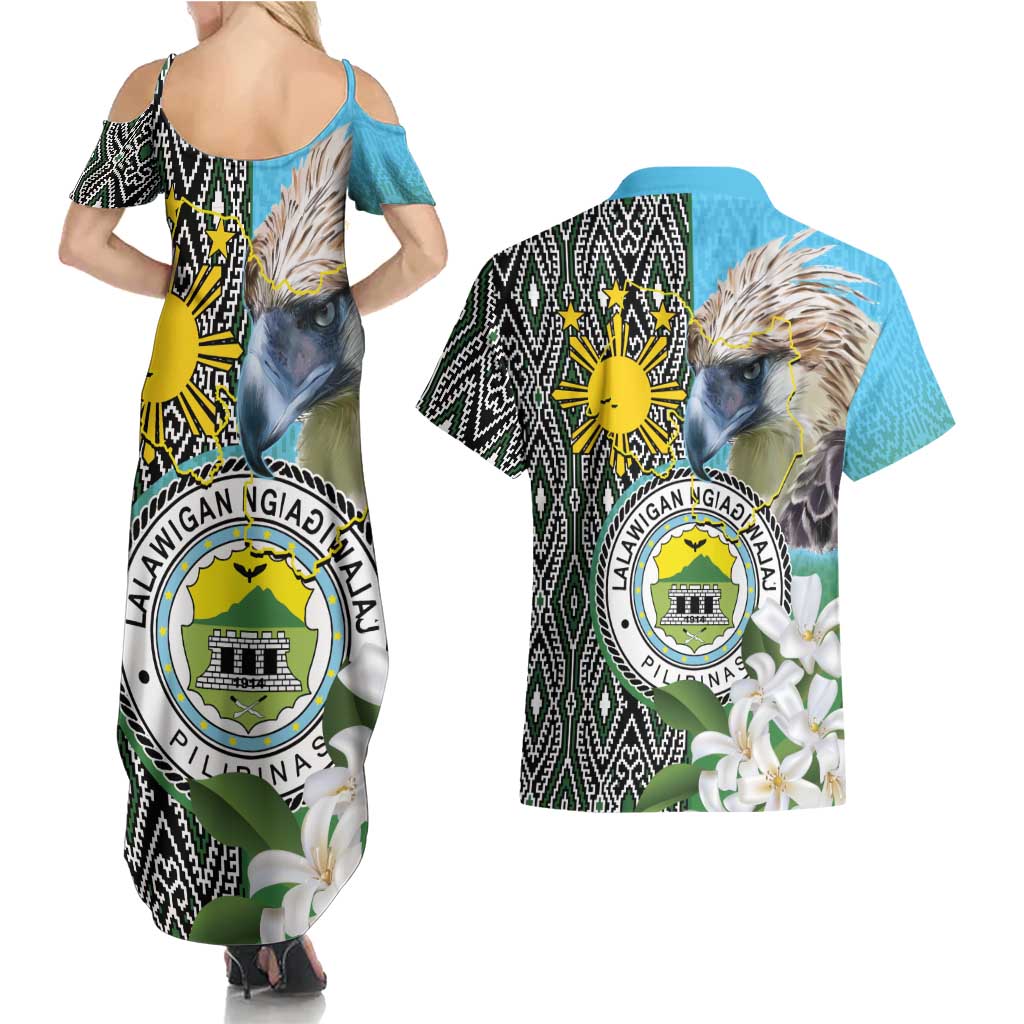 Cotabato Philippines Province Couples Matching Summer Maxi Dress and Hawaiian Shirt Filipino Eagle Sampaguita Tinalak Pattern