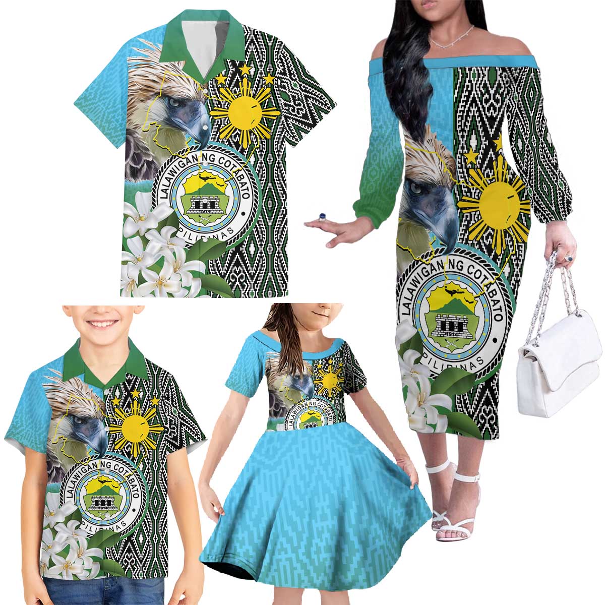 Cotabato Philippines Province Family Matching Off The Shoulder Long Sleeve Dress and Hawaiian Shirt Filipino Eagle Sampaguita Tinalak Pattern