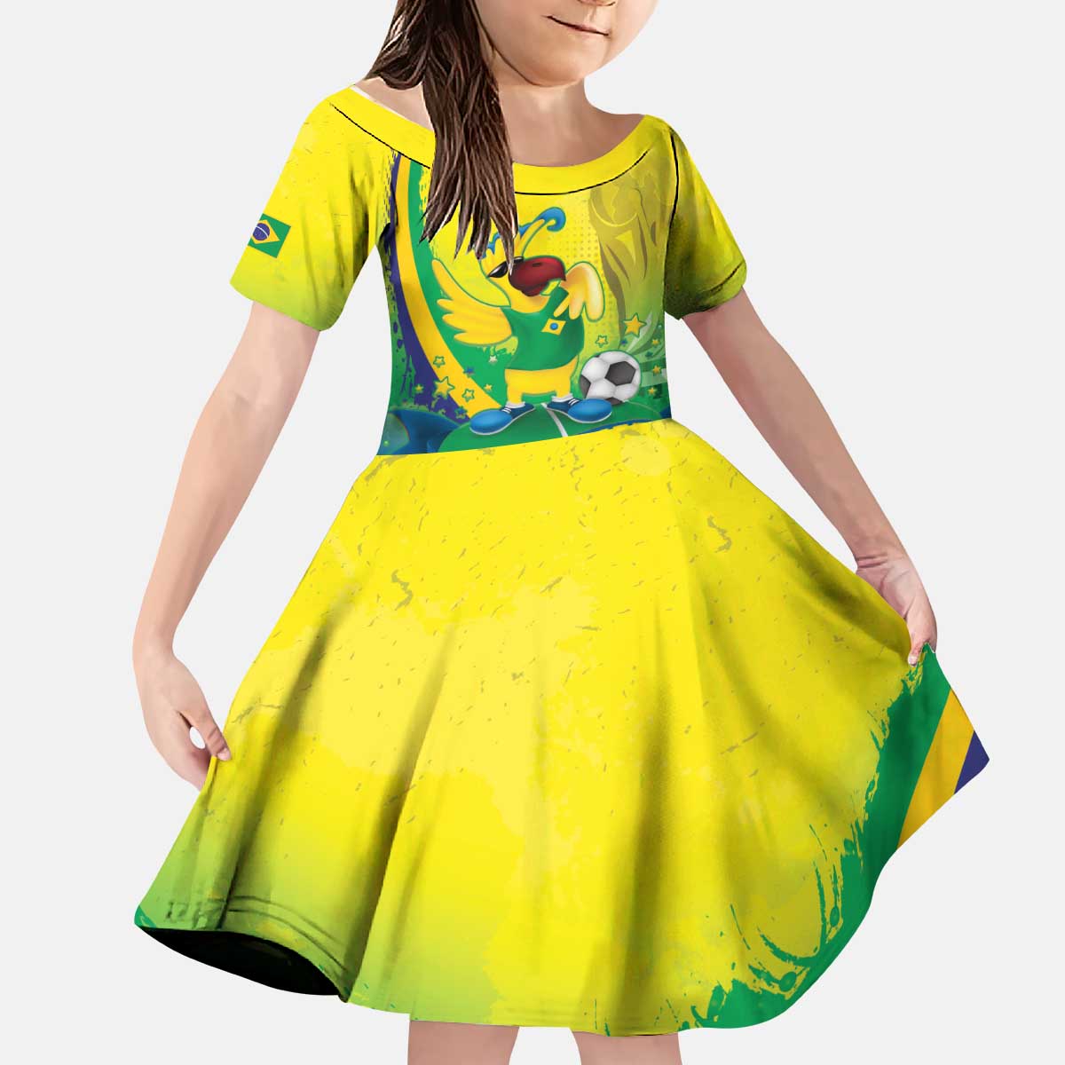 Brazil Football 2026 Custom Kid Short Sleeve Dress Come On Selecao Brasil Parrot Mascot