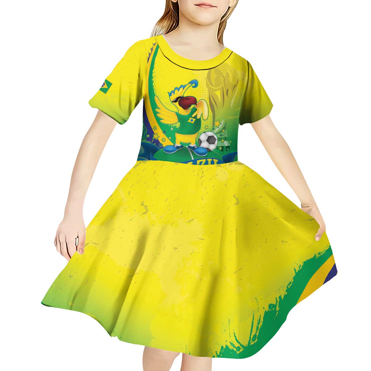 Brazil Football 2026 Custom Kid Short Sleeve Dress Come On Selecao Brasil Parrot Mascot