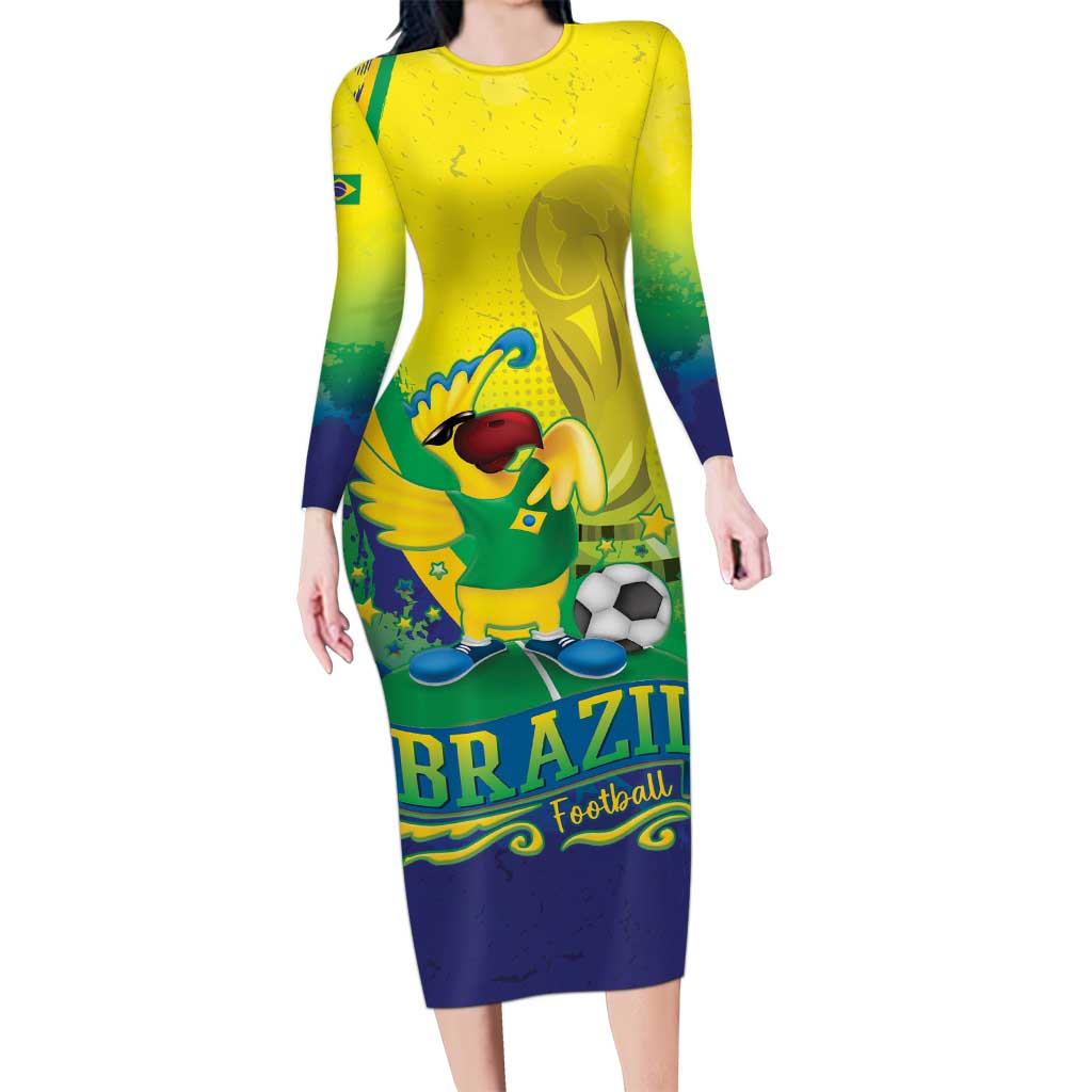 Brazil Football 2026 Custom Long Sleeve Bodycon Dress Come On Selecao Brasil Parrot Mascot