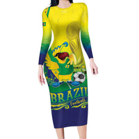 Brazil Football 2026 Custom Long Sleeve Bodycon Dress Come On Selecao Brasil Parrot Mascot