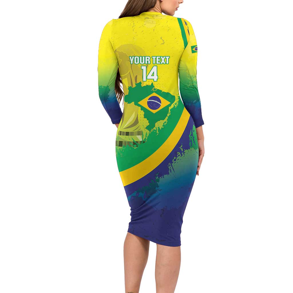 Brazil Football 2026 Custom Long Sleeve Bodycon Dress Come On Selecao Brasil Parrot Mascot