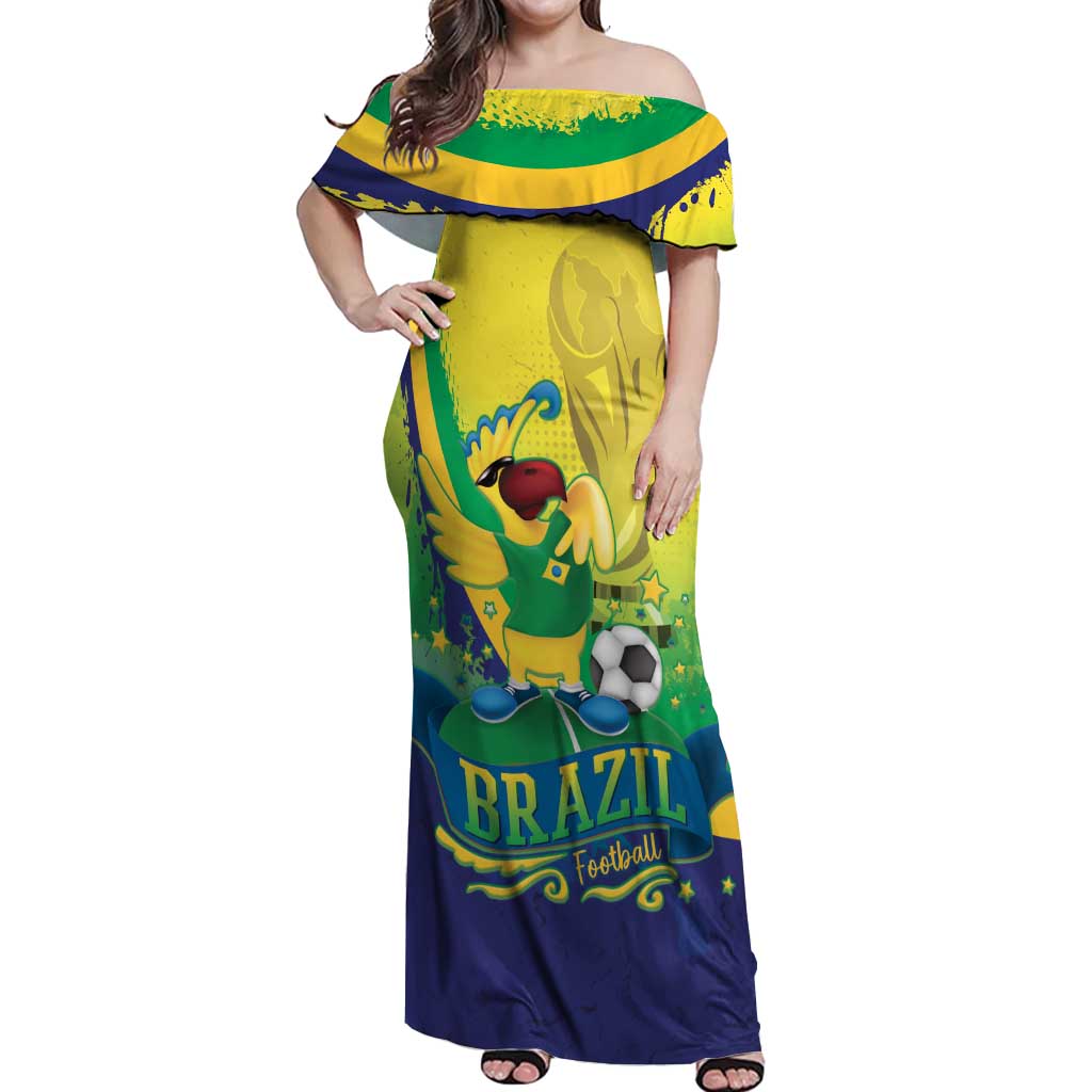 Brazil Football 2026 Custom Off Shoulder Maxi Dress Come On Selecao Brasil Parrot Mascot