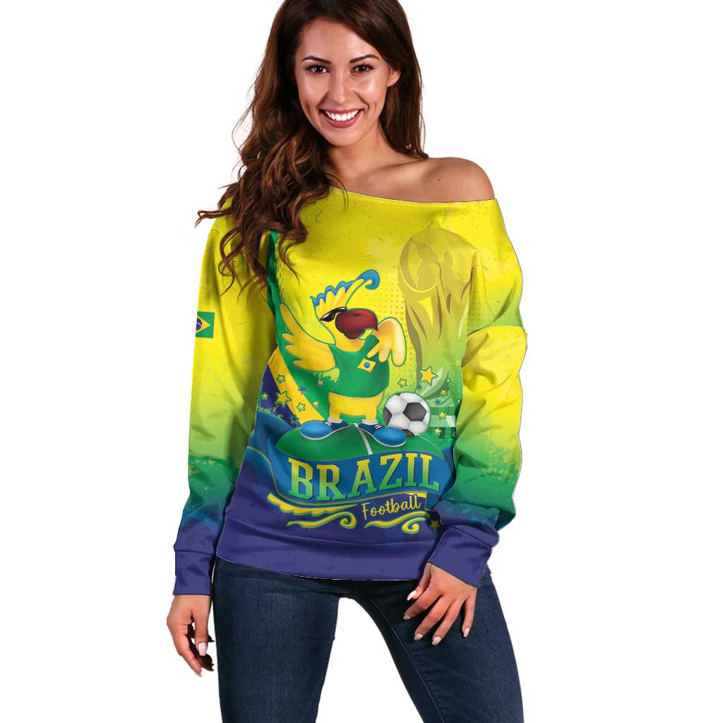 Brazil Football 2026 Custom Off Shoulder Sweater Come On Selecao Brasil Parrot Mascot