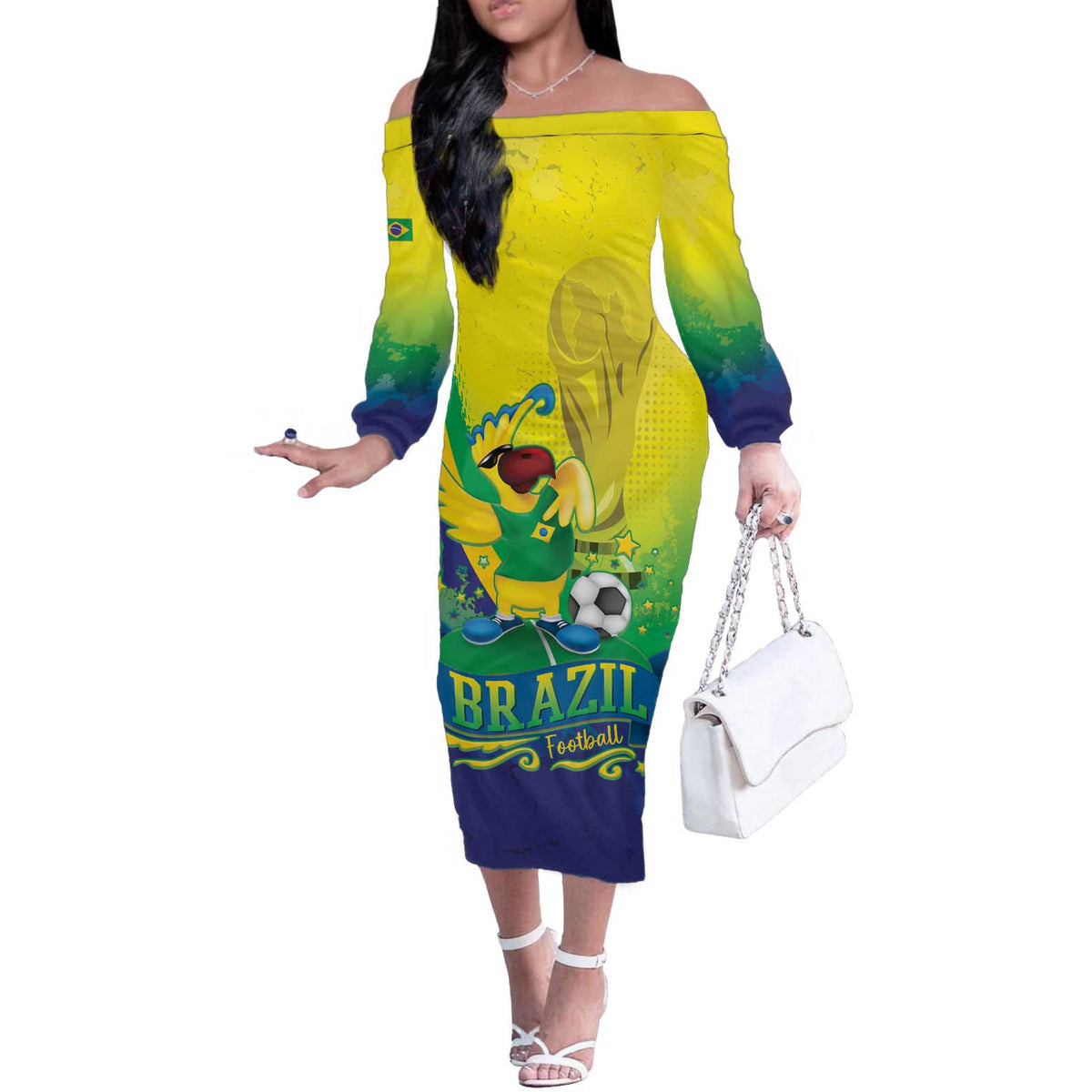 Brazil Football 2026 Custom Off The Shoulder Long Sleeve Dress Come On Selecao Brasil Parrot Mascot