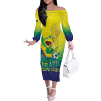 Brazil Football 2026 Custom Off The Shoulder Long Sleeve Dress Come On Selecao Brasil Parrot Mascot