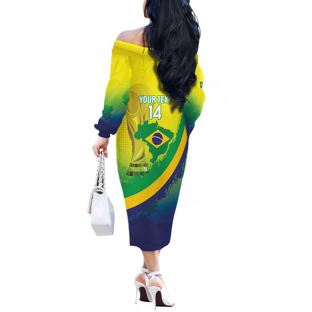 Brazil Football 2026 Custom Off The Shoulder Long Sleeve Dress Come On Selecao Brasil Parrot Mascot