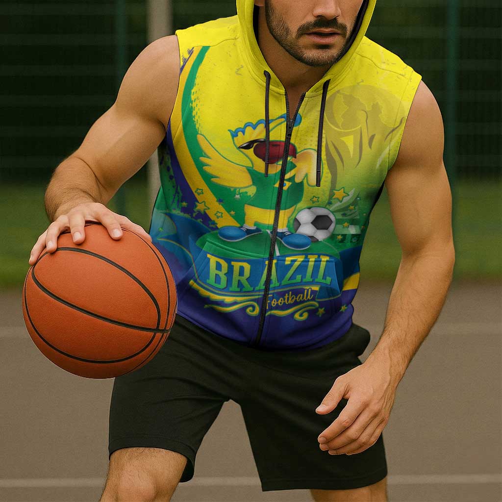Brazil Football 2026 Custom Sleeveless Zip Hoodie Come On Selecao Brasil Parrot Mascot