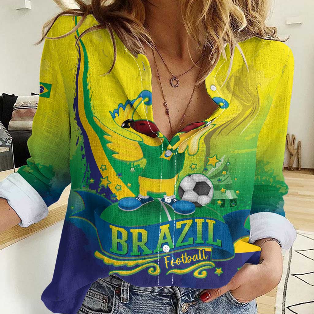 Brazil Football 2026 Custom Women Casual Shirt Come On Selecao Brasil Parrot Mascot