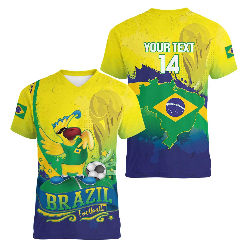 Brazil Football 2026 Custom Women V-Neck T-Shirt Come On Selecao Brasil Parrot Mascot