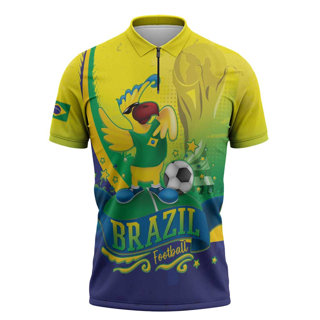 Brazil Football 2026 Custom Zipper Polo Shirt Come On Selecao Brasil Parrot Mascot