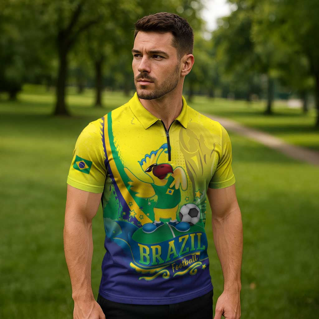 Brazil Football 2026 Custom Zipper Polo Shirt Come On Selecao Brasil Parrot Mascot