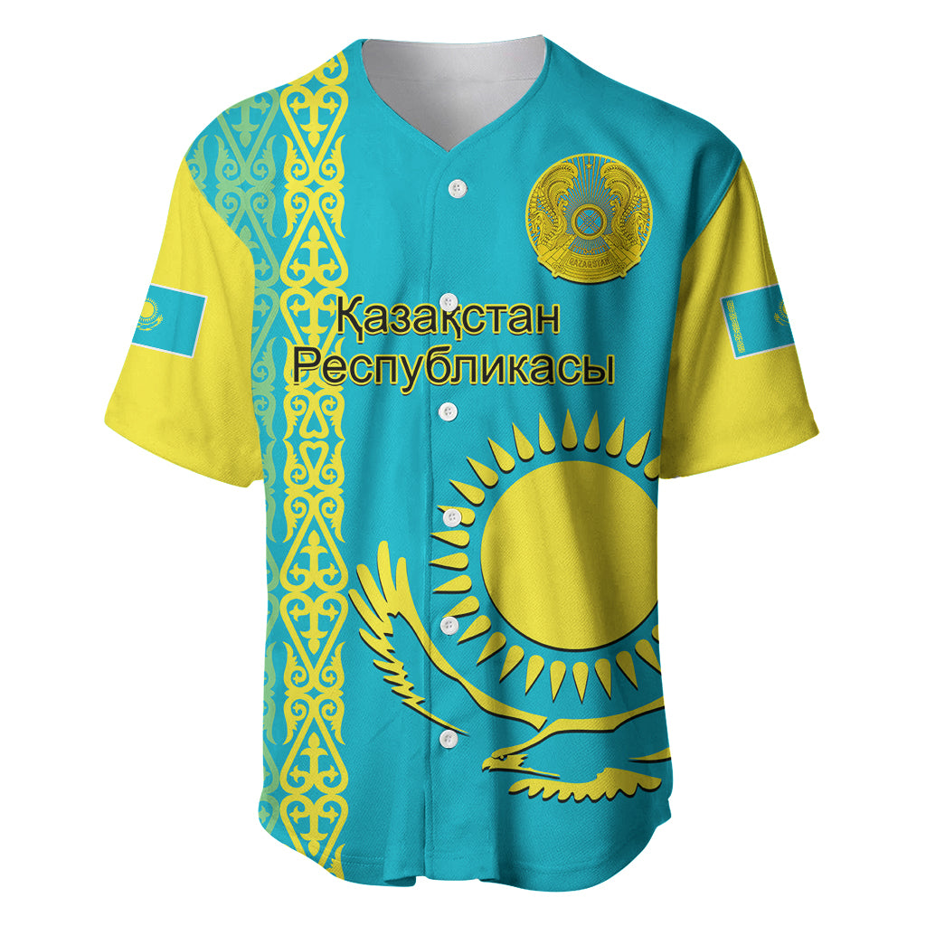 Personalised Kazakhstan Baseball Jersey Kazakh Traditional Pattern Blue Version - Wonder Print Shop