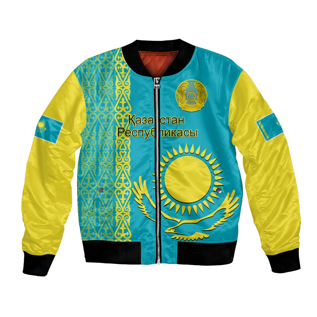 Personalised Kazakhstan Bomber Jacket Kazakh Traditional Pattern Blue Version - Wonder Print Shop