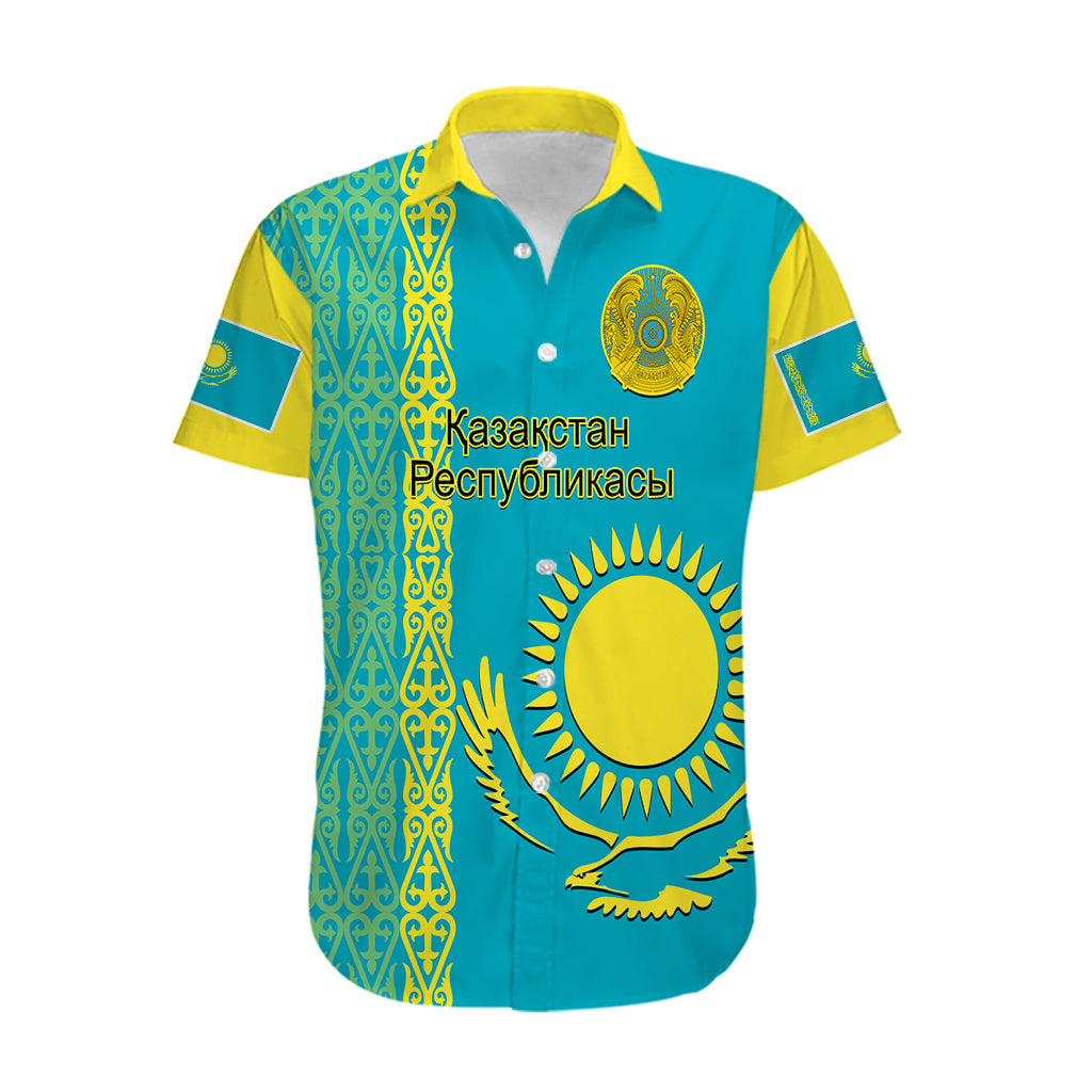 Personalised Kazakhstan Hawaiian Shirt Kazakh Traditional Pattern Blue Version - Wonder Print Shop
