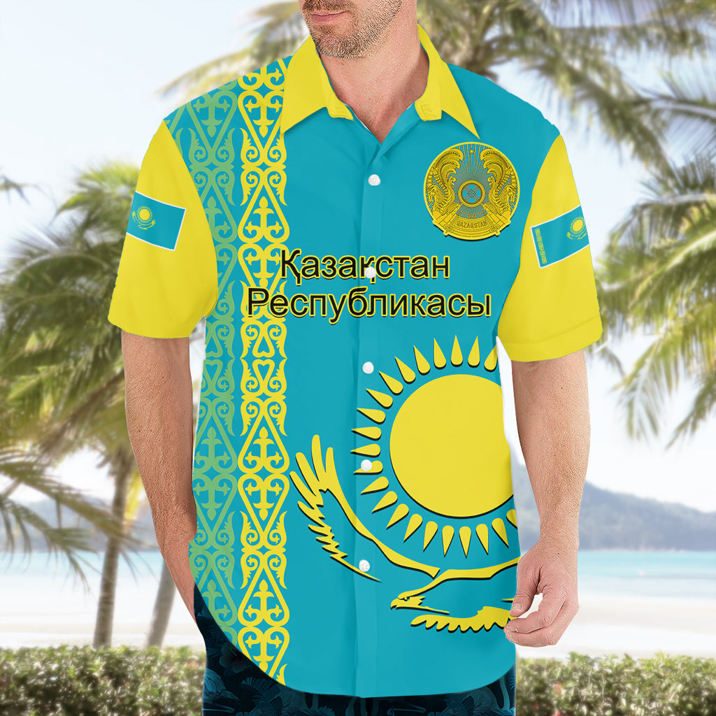 Personalised Kazakhstan Hawaiian Shirt Kazakh Traditional Pattern Blue Version - Wonder Print Shop