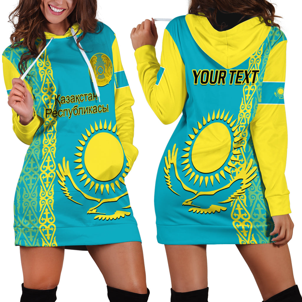 Personalised Kazakhstan Hoodie Dress Kazakh Traditional Pattern Blue Version - Wonder Print Shop