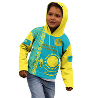 Personalised Kazakhstan Kid Hoodie Kazakh Traditional Pattern Blue Version - Wonder Print Shop