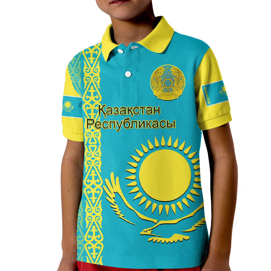 Custom Kazakhstan Polo Shirt for Kid Kazakh Traditional Pattern Blue Version - Wonder Print Shop