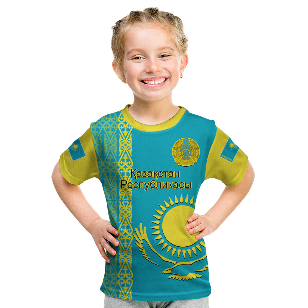 Personalised Kazakhstan Kid T Shirt Kazakh Traditional Pattern Blue Version - Wonder Print Shop