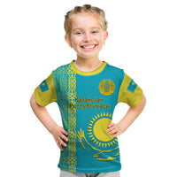 Personalised Kazakhstan Kid T Shirt Kazakh Traditional Pattern Blue Version - Wonder Print Shop