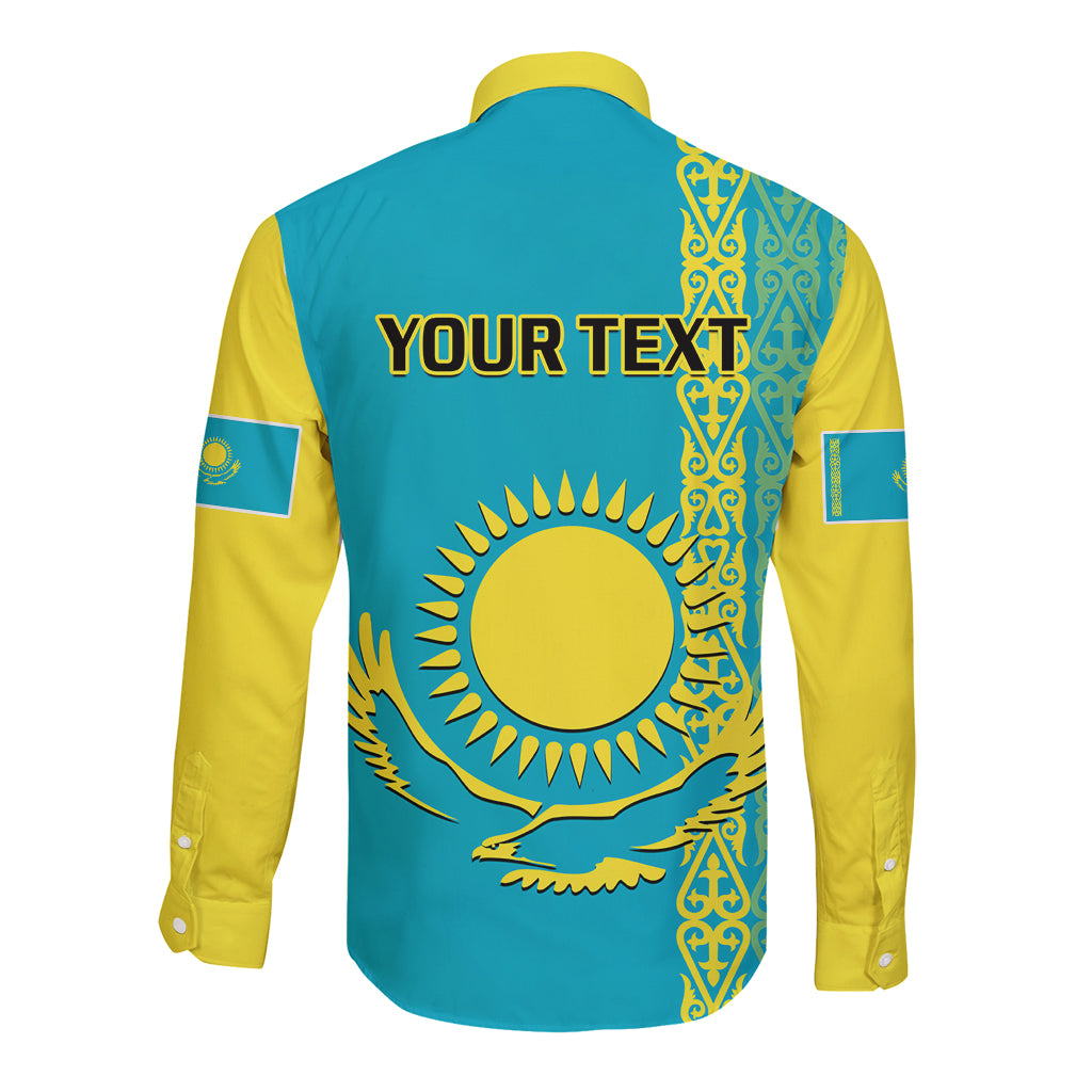 Personalised Kazakhstan Long Sleeve Button Shirt Kazakh Traditional Pattern Blue Version - Wonder Print Shop