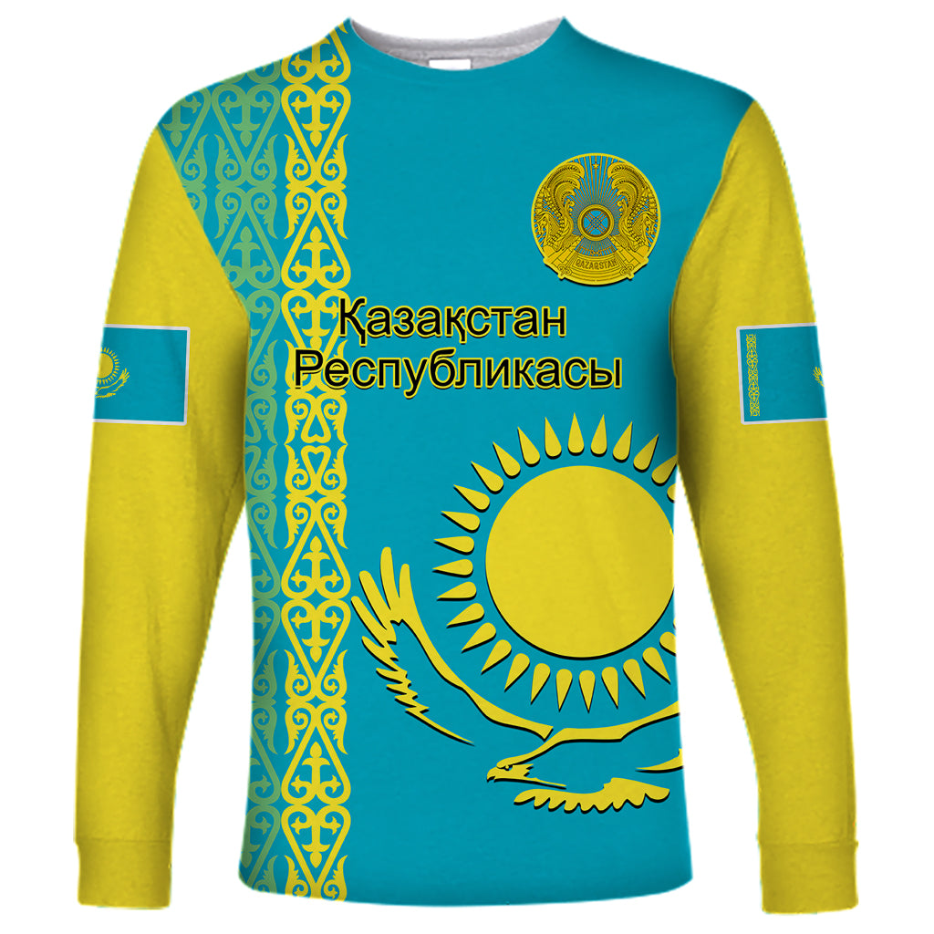 Personalised Kazakhstan Long Sleeve Shirt Kazakh Traditional Pattern Blue Version - Wonder Print Shop