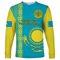 Personalised Kazakhstan Long Sleeve Shirt Kazakh Traditional Pattern Blue Version - Wonder Print Shop