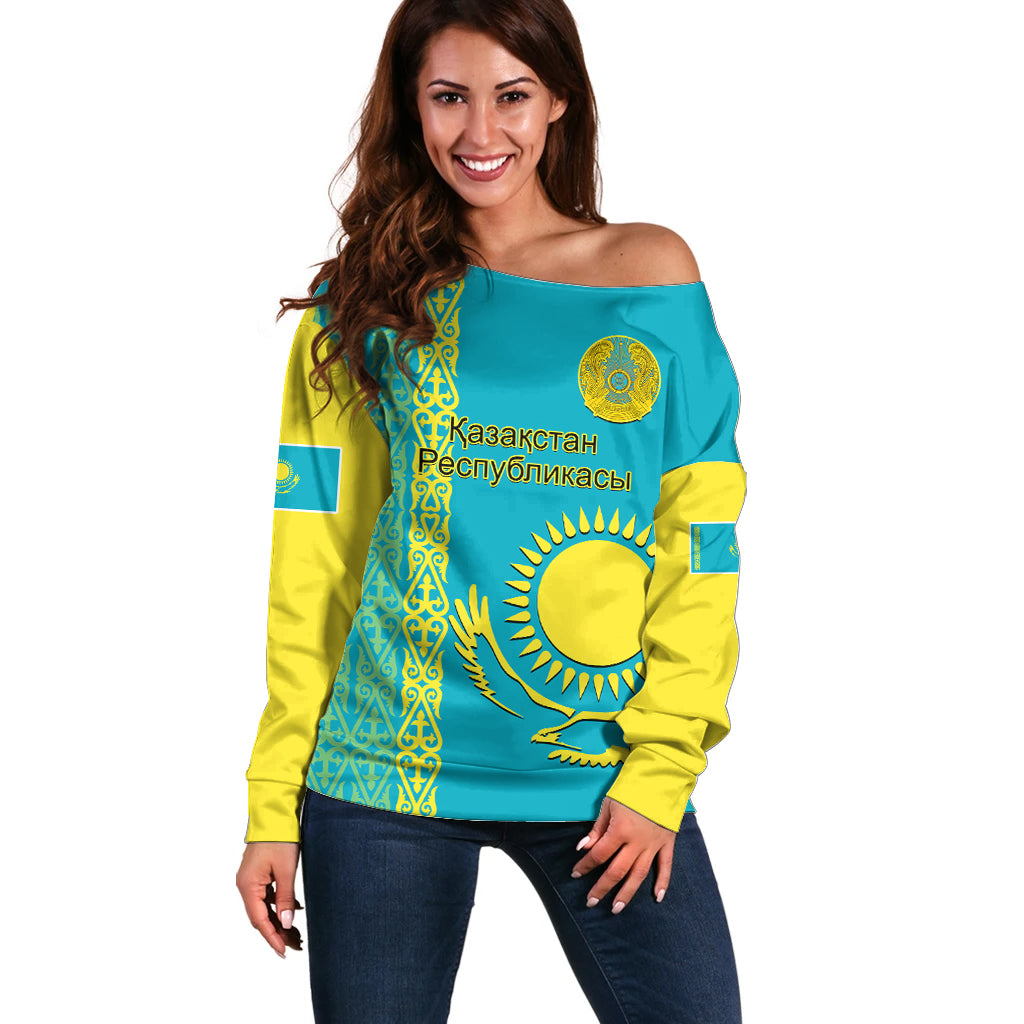 Personalised Kazakhstan Off Shoulder Sweater Kazakh Traditional Pattern Blue Version - Wonder Print Shop