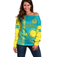 Personalised Kazakhstan Off Shoulder Sweater Kazakh Traditional Pattern Blue Version - Wonder Print Shop