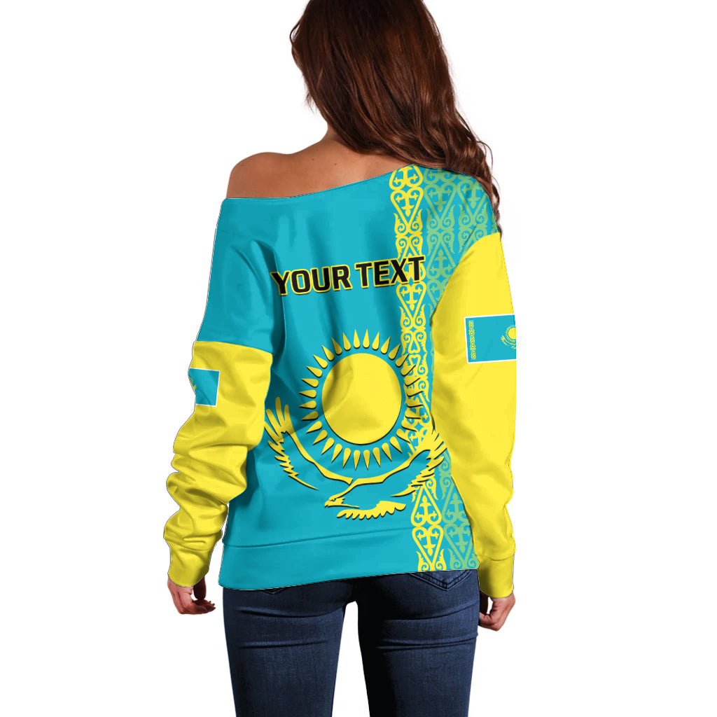 Personalised Kazakhstan Off Shoulder Sweater Kazakh Traditional Pattern Blue Version - Wonder Print Shop