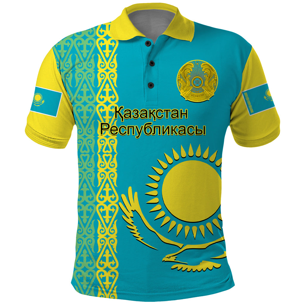 Custom Kazakhstan Polo Shirt Kazakh Traditional Pattern Blue Version - Wonder Print Shop