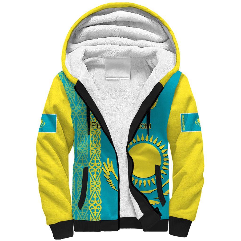 Personalised Kazakhstan Sherpa Hoodie Kazakh Traditional Pattern Blue Version - Wonder Print Shop