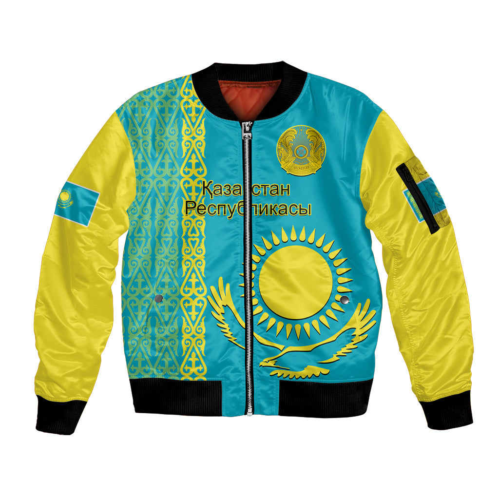 Personalised Kazakhstan Sleeve Zip Bomber Jacket Kazakh Traditional Pattern Blue Version - Wonder Print Shop