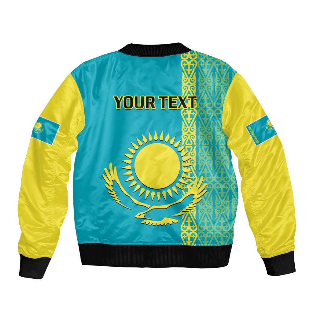 Personalised Kazakhstan Sleeve Zip Bomber Jacket Kazakh Traditional Pattern Blue Version - Wonder Print Shop