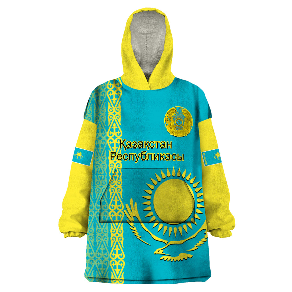 Personalised Kazakhstan Wearable Blanket Hoodie Kazakh Traditional Pattern Blue Version - Wonder Print Shop