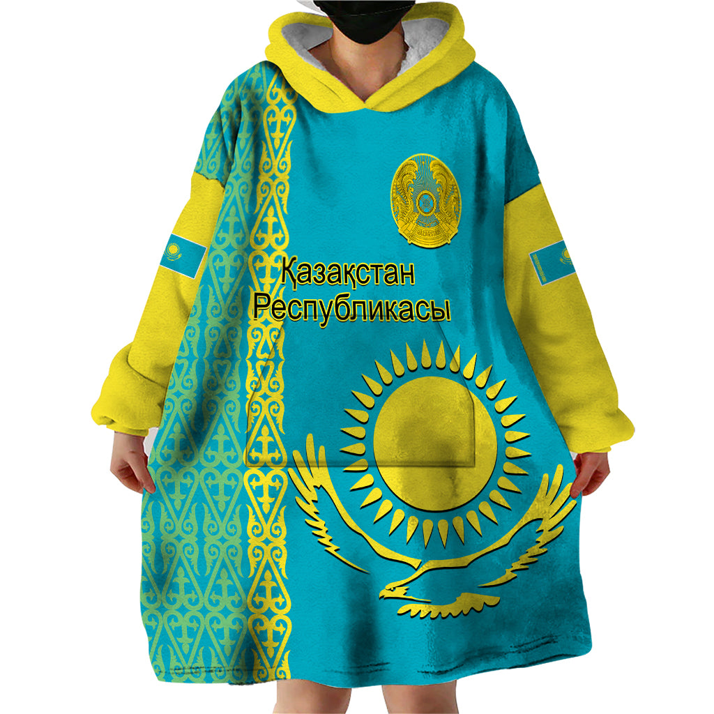 Personalised Kazakhstan Wearable Blanket Hoodie Kazakh Traditional Pattern Blue Version - Wonder Print Shop