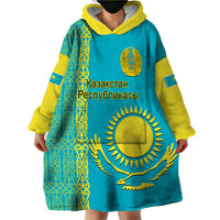 Personalised Kazakhstan Wearable Blanket Hoodie Kazakh Traditional Pattern Blue Version - Wonder Print Shop