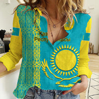 Personalised Kazakhstan Women Casual Shirt Kazakh Traditional Pattern Blue Version - Wonder Print Shop