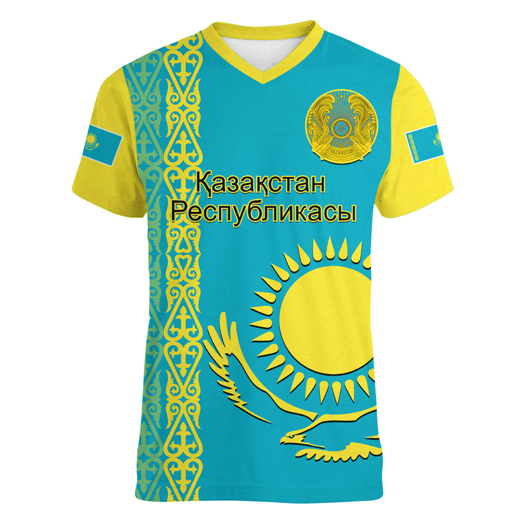 Personalised Kazakhstan Women V Neck T Shirt Kazakh Traditional Pattern Blue Version - Wonder Print Shop