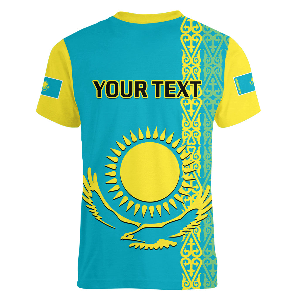 Personalised Kazakhstan Women V Neck T Shirt Kazakh Traditional Pattern Blue Version - Wonder Print Shop