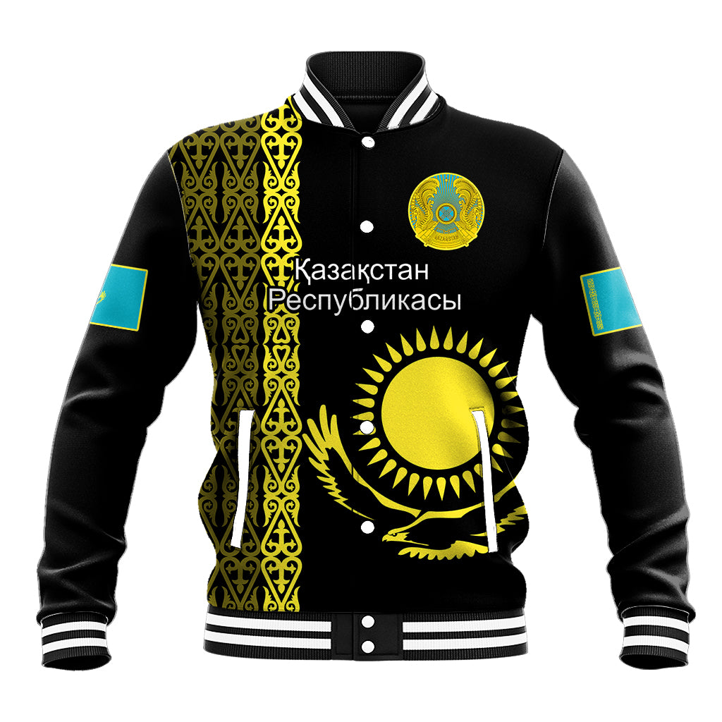 Personalised Kazakhstan Baseball Jacket Kazakh Traditional Pattern Black Version - Wonder Print Shop