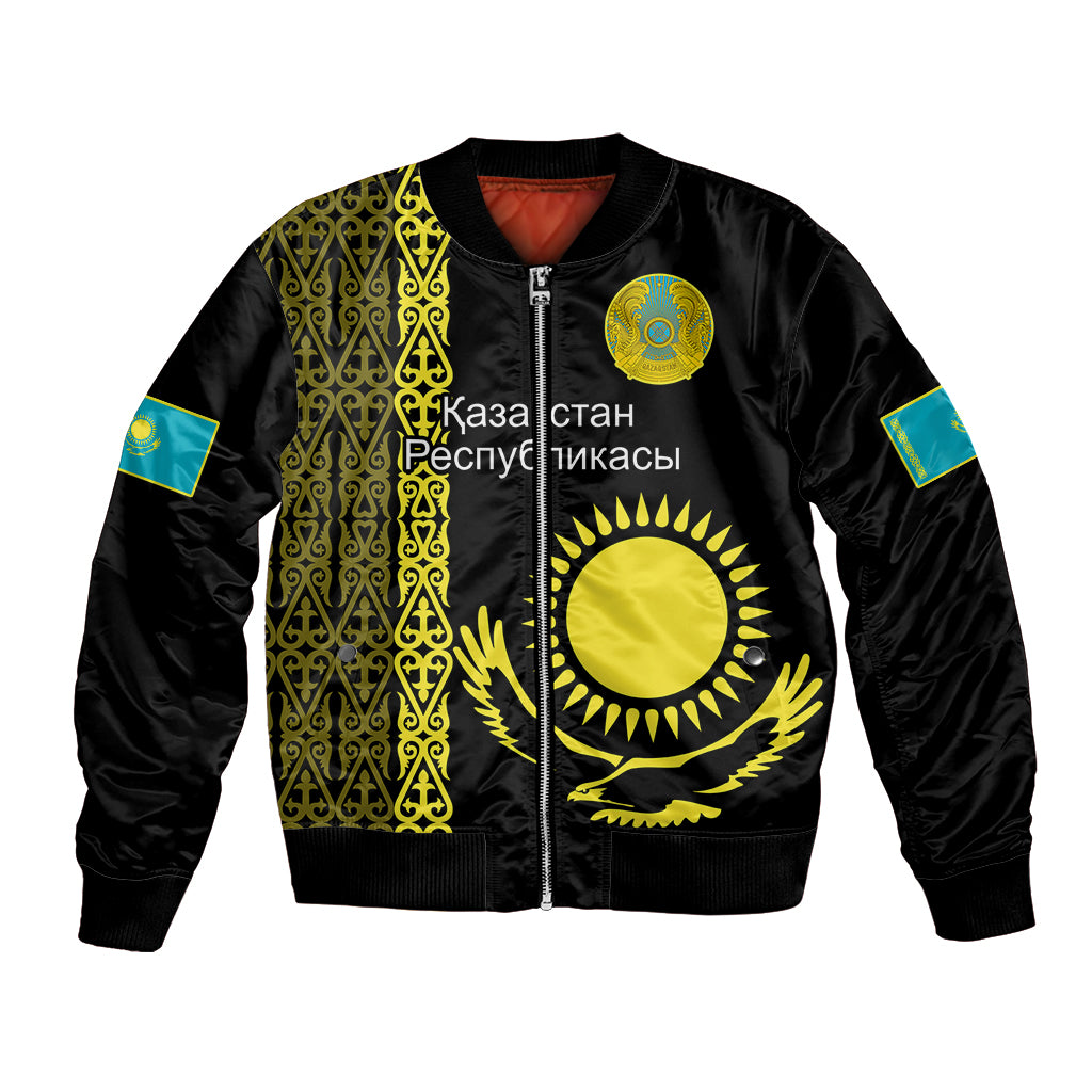 Personalised Kazakhstan Bomber Jacket Kazakh Traditional Pattern Black Version - Wonder Print Shop