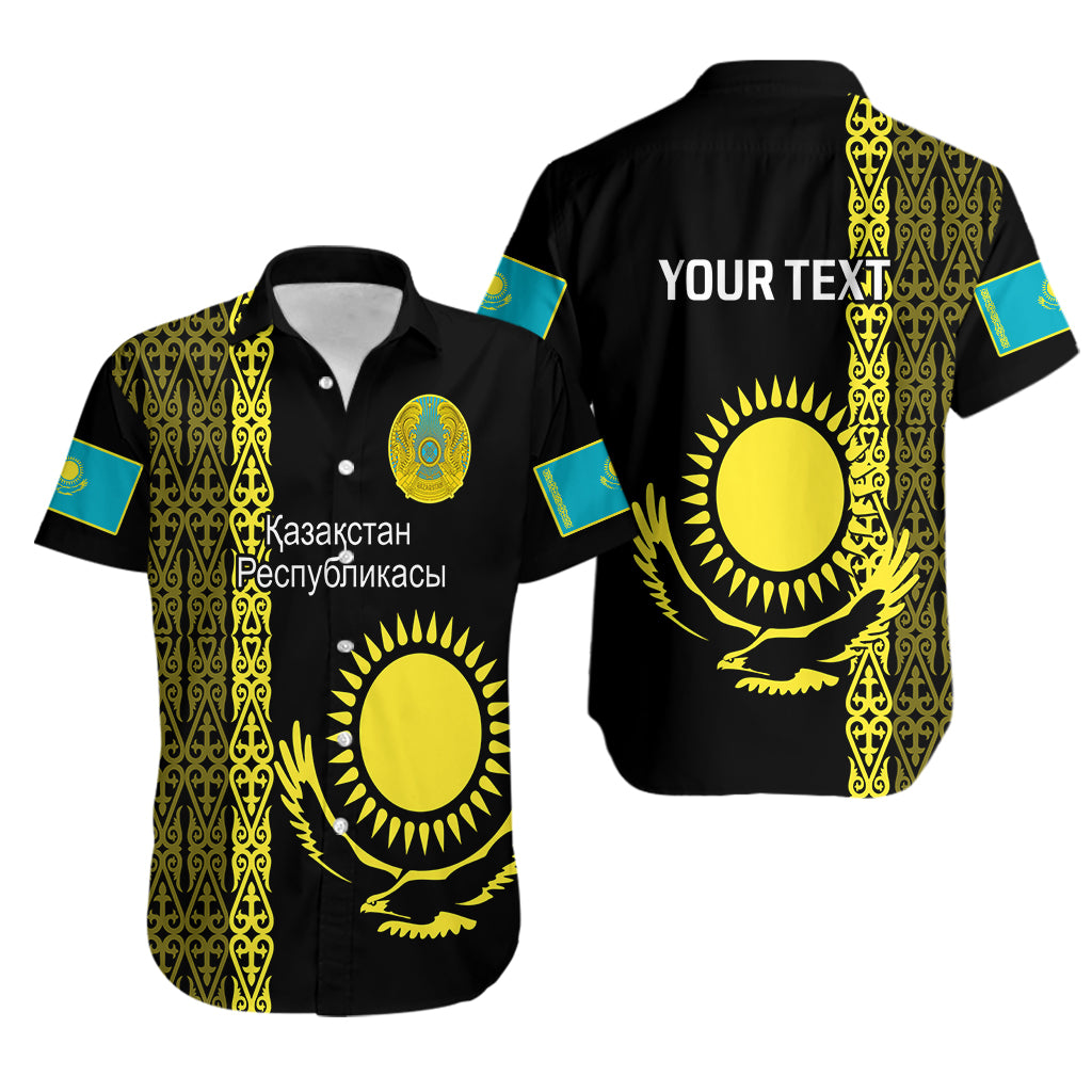Personalised Kazakhstan Hawaiian Shirt Kazakh Traditional Pattern Black Version - Wonder Print Shop
